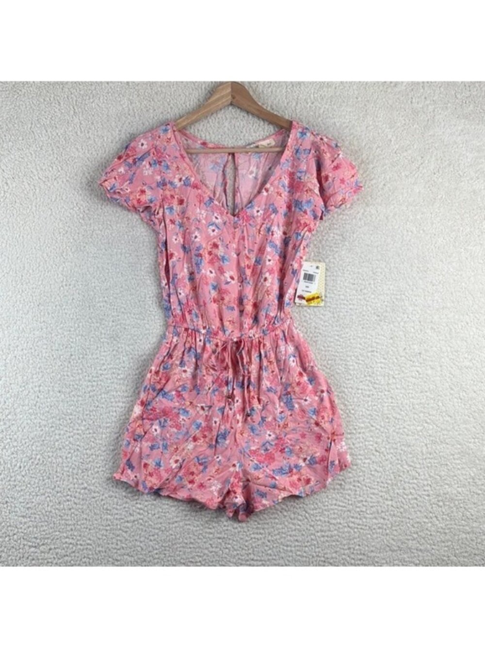 NWT BeBop Womens Pink Blue Floral Short Sleeve Elastic Waist Romper Size XXS